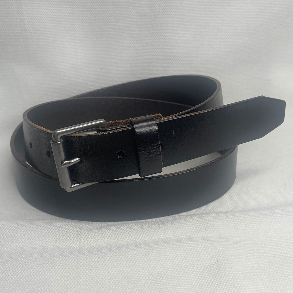 J. Crew 100% Genuine Leather Belt Mens Sz 36 Black Contrast Stitch Silver Buckle